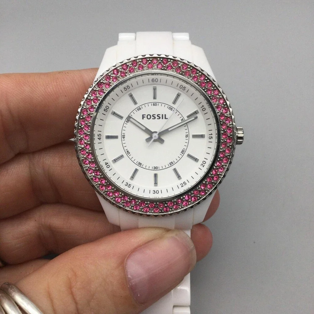 Fossil Stella Glitz ES-2441 Womens Watch 38mm Pink Crystal New Battery 6.5
